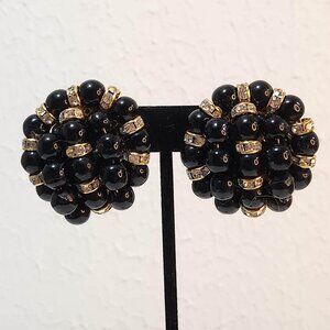 Vintage 1980s, Clip Earrings, Black Beads with Gold Toned and Crystal Accents.